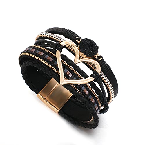 Hotoo Leather Wrap Bracelet For Women Black Beaded Cuff Bracelet With Heart-Shape Decor Bohemian Crystal Bracelet Jewelry With Clasp Bangle Bracelet For Women Girls Birthday Holiday Gift #TOP2