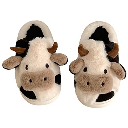Cute Cow Slippers, Kawaii Fuzzy Milky Cow Slides, Winter Warm Milk Cow House Slippers, Indoor Cozy Cartoon Animal Slipper House Shoes for Women Men (Cow,11 Women/8.5 Men)