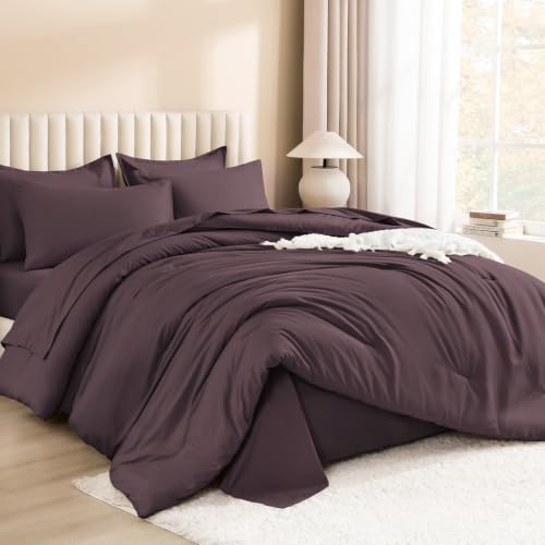 Image of Litanika King Size Comforter Set Plum - 7 Pieces Bed in a Bag King Bedding Comforter Sets, Solid Lightweight Bed Set with Comforter, Sheets, Pillowcases & Shams