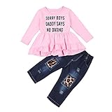 Toddler Kids Baby Girl Fall Clothes Ruffle Letter Dress Top + Ripped Jeans Leopard Denim Pants Outfits 2Pcs Sets (Sorry Boys Daddy Says No Dating, 5-6X)