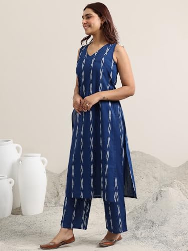 Image of Libas Blue Woven Design cotton blend Straight Kurta set for Women | daily wear suit