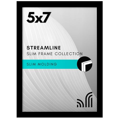 Americanflat 5x7 Picture Frame with Shatter-Resistant Glass - Streamline Collection - Thin Border Photo Frame for Tabletop and Wall Display - Hanging Hardware and Easel Stand Included - Black