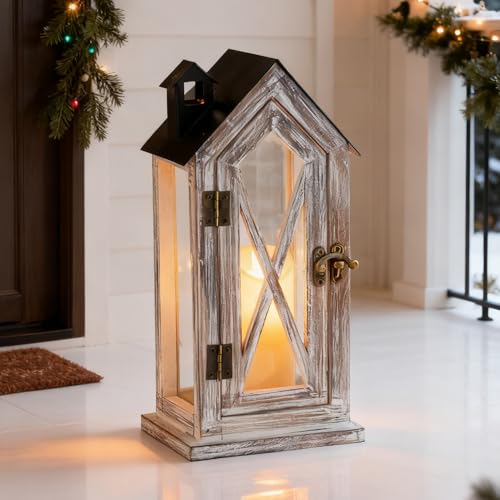 NUPTIO Lanterne en Bois Décoration de Noël: Lanternes de 26cm pour Bougies Extérieur Vintage Intérieur Maison Photophore Rustique Bois Métal Extérieur Intempéries Balcon Porte D'entrée Mariage