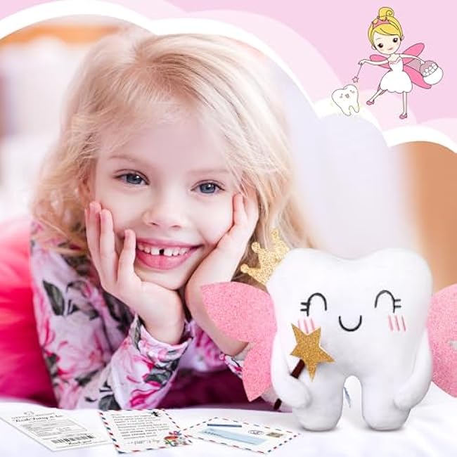 Tooth Fairy Pillow Kit Includes Toothfairy Pillow with Pocket Fairy Glitter Receipt Envelope Card, Toothfairy Plush Keepsake Gift for Kids Boys Girls Souvenir (Cute Style)