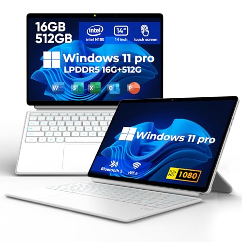 EYY 14" 2 in 1 Touchscreen Laptop, N100 (UP to 3.40GHz), 16GB LPDDR5 512GB SSD Tablet, 16:10 1920 * 1200 Laptop Computer, WiFi 6, BT5.2, HDMI, Backlit Keyboard, Dual Camera