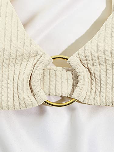Shein Women's Ribbed Ring Linked Thong Bikini Bathing Suits Two Piece Swimsuits Beige Small #TOP3