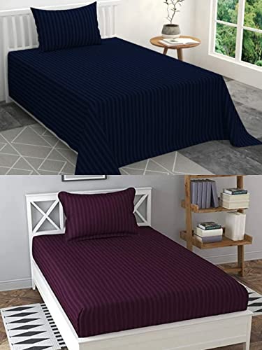 Image of Prime Collection 285 TC Combo Pack of 2 Single Sized (90x60) Satin Striped Bedsheet with 2 Pillow Cover Long Lasting Single Bedsheet for Hotel, Hospital and Home Use