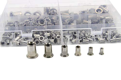 Leberna 180 Pcs 304 Stainless Steel Flat Head Threaded Rivetnut Insert Nutsert Rivet Nut Fastener Assortment Rivnut Tool Kit Nuts- Various Metric Sizes Screw Set M3 M4 M5 M6 M8 M10 Rivenut Assortment