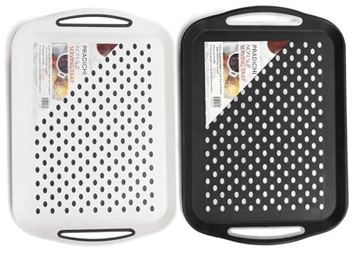 2-Pack Non-Slip Serving Trays with Rubber Grip Surface and Easy-Grip Handles – Rectangular Plastic Food & Drink Tray – 40.5 x 28.5 cm – Assorted Black, Grey, or White Random Colors