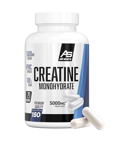 ALL STARS Creatin Monohydrat Kapseln hochdosiert 150 Stk. vegan - 100% Creatin Monohydrat 5000mg pro Tagesration, Ohne Zuckerzusatz und künstliche Zusätze, Laktose- & glutenfrei