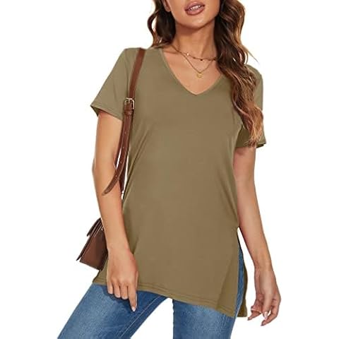 Women's Short Sleeve V Neck T Shirts Loose Fit Basic Tunic with Side Split Casual Top Tees Light Coffee S Cover