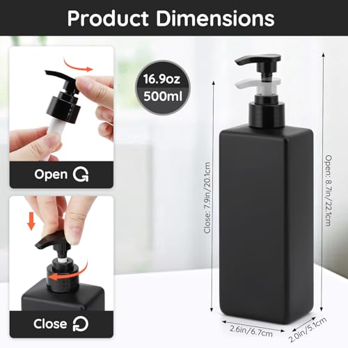 Image of Segbeauty Bathroom Soap Dispenser Set, 4 Pack of 16.9oz Shower Bottles Refillable with Labels, 500ml Plastic Square Matte Black Soap Dispenser Empty Pump Bottles for Shampoo Conditioner Body Soap