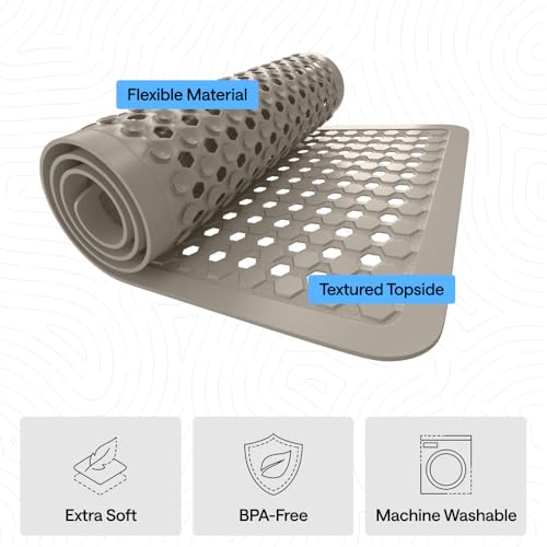 Image of GORILLA GRIP Patented Bath Tub Shower Mat, Machine Washable Bathtub Floor Liner Mats, Suction Cups and Drain Holes to Keep Tubs Clean, Soft on Feet, Bathroom Essentials, 35x16 Inch, Beige