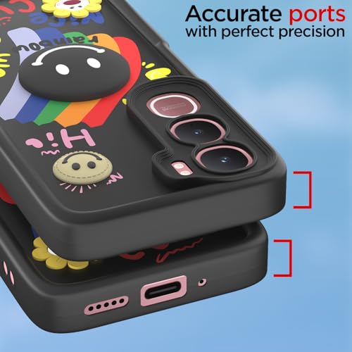 Image of Pikkme Back Cover for Vivo Y31 5G | Soft Silicone| Cute Rainbow Smile & 3D Cartoon Flower Design | Shockproof Raised Camera Protection Bumper Case (Black)