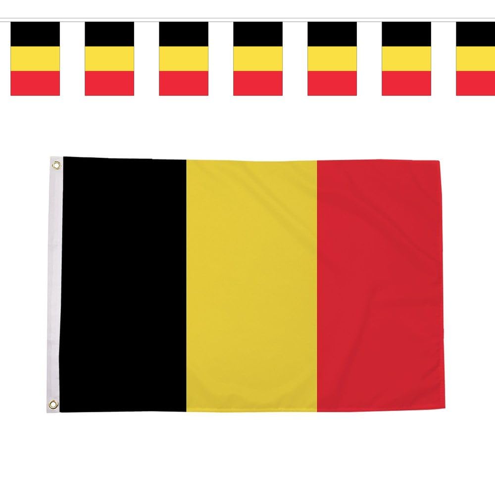Flagtex Belgium Red Devils World Cup 2026 Large Team Bundle Includes 8ft x 5ft Premium Polyester Flag and 9m Rectangle Bunting Football Fan Pack Indoor Outdoor Decoration