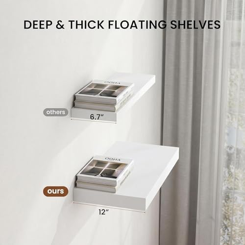 JPND Floating Shelf, Set of 2 Wall Shelves, 30 in W x 12.75 in D x 2 in H Wooden Floating Wall Shelf with Invisible Brackets for Living Room/Bedroom/Bathroom/Kitchen Storage and Decor, White by JPND - Image 3