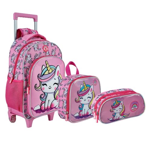 Kit Mochila Bolsa Costas Carrinho Rodinha Escolar Creche Unicórnio em Relevo Estojo Lancheira Térmica Feminino Meninas (Rosa)