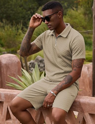 Image of URRU Mens Textured Polo Shirt and Shorts Sets Outfits 2 Piece Summer Tracksuits Casual Quarter Zip Golf Polo Shirts