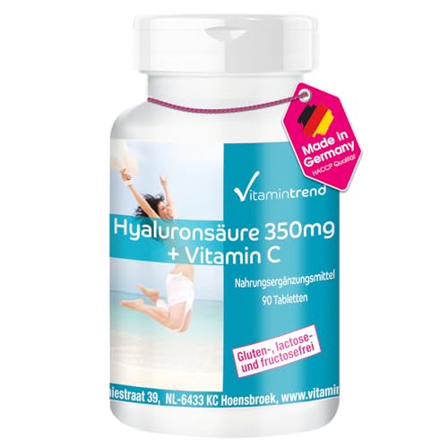 Vitamintrend Hyaluronsäure 350 mg + Vitamin C, 90 Tabletten, Nahrungsergänzungsmittel, gluten-, laktose- und fructosefrei, in Deutschland hergestellt