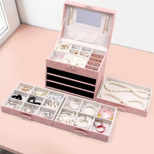 Image of BucketList Luxury PU Leather Jewellery Organizer Box with Mirror & Lock | 3 Drawer Jewelry Storage Case with Ring Rolls & Compartments (4 Drawers Jewelry Box with Mirror (Pink))