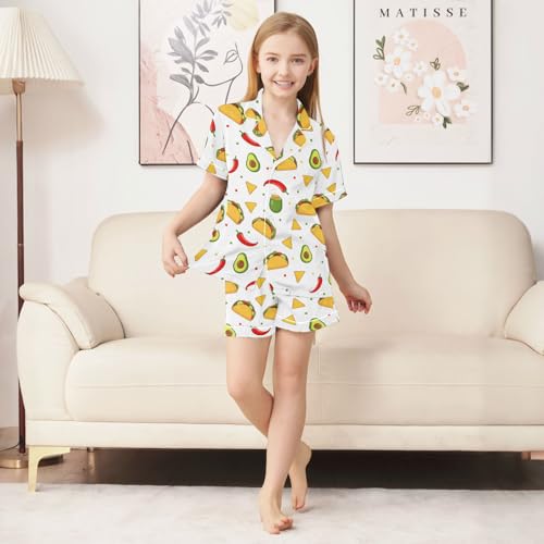 Satin Pajama Sets Short Sleeve Yummy Mexican Food Pattern Button Down Silky Nightwear 2 Piece PJS 5-14Y3
