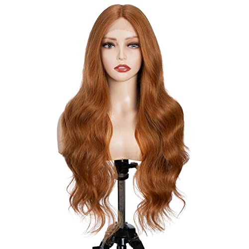 Début Long Wavy Lace Front Ginger Brown Wigs Body Wave Natural Curls Synthetic Wig Hand Tied Middle Part Lace Front With Preplucked Hairline High Temperature 26 Inch Wigs For Women #TOP17