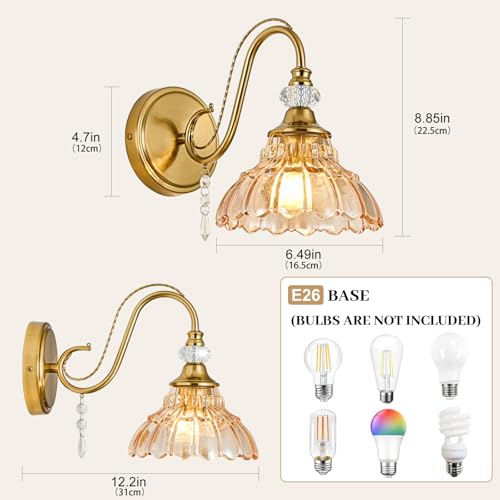 Image of 1 Piece Vintage Wall Sconce, 1-Light Brushed Gold Finish Wall Sconce with Hanging Crystal Accents and Flower-Shaped Amber Shades for Bathroom Bedroom Living Room,Vintage Vanity Light