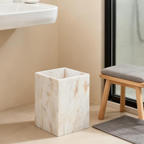 Image of Natural Marble Rectangular Trash Can, 1.9 Gallon /7.2 Liter Garbage Bin, Decorative White Gold Marble Wastebasket, Waste Basket for Bathroom, Bedroom, Home Office, Laundry Room, Kitchen