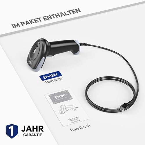 Eyoyo Barcode Scanner 1D 2D QR kabelgebunden, QR Code Scanner Handheld Barcode Leser für PC, Mac, Laptop