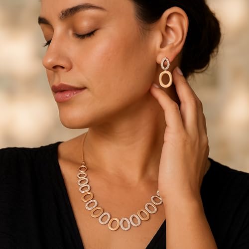Image of Nilu's Collection Rose Gold Plated | American Diamond Stone Studded | Anti Tarnish Jewellery Set for Women and Girls | Matching Earrings | Perfect for Weddings and Special Occasions (Style 2)