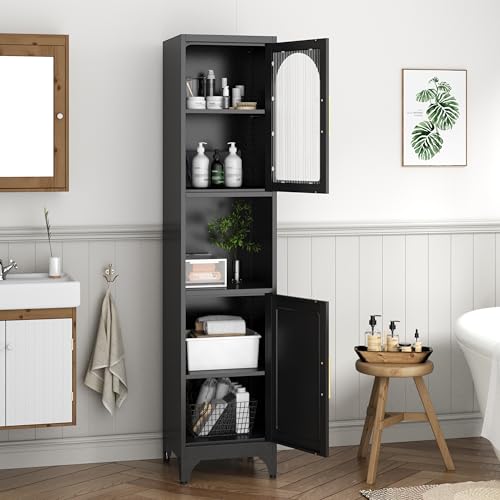 Tall Bathroom Storage Cabinet, 17" W Freestanding Bathroom Cabinet with Acrylic Glass, Open Display Shelf, Skinny Storage Cabinets with Adjustable Shelves, Assembly Required, Black Black 75"
