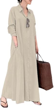 ZOCANIA Womens Button Down Cotton Linen Dress Long Sleeve Shirt Dress with Pockets
