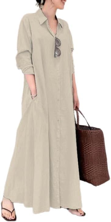 ZOCANIA Womens Button Down Cotton Linen Dress Long Sleeve Shirt Dress with Pockets