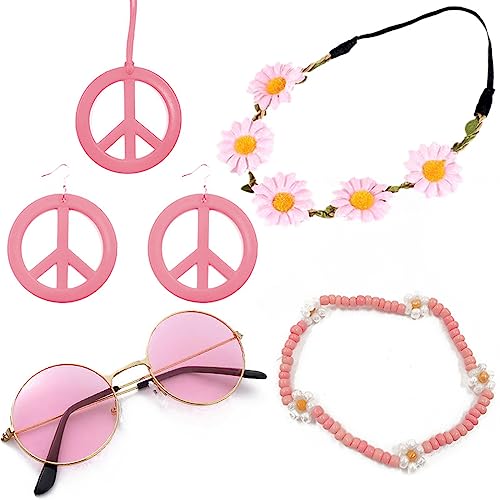 5 Pieces Hippie Costume Accessory Set 60S 70S fancy dress Hippie Party Supplies Disco Accessories for Women Include Sunglasses Flower Headband Peace Sign Necklace Earrings Bracelets (Pink)