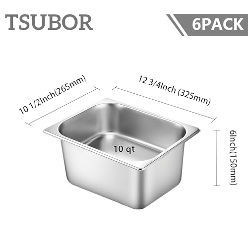 Image of 6 Set Stainless Steel Hotel Pans 1 /2 Size 6 Inch Deep With Lids, Anti-Jam Chafing Steam Table Pans, Catering Food Storage Metal Pan