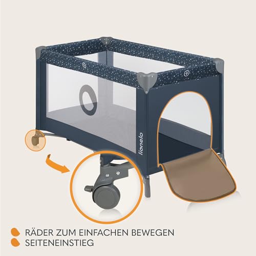 Lionelo Stefi Baby Kinderbett, Reisebett ab Geburt bis 15 kg, Seiteneingang, Sicherungssystem LockGuard, Blockade der Räder, Tragetasche, zusammenklappbar