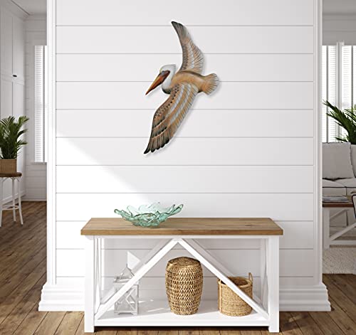 T.I. Design C167 Hand-Carved Wood Flying Pelican | Coastal Nautical Beach Wall Décor Natural Wood Finish thumb #1
