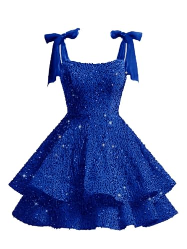 Xijun Sparkly Sequin Homecoming Dresses 2025 Spaghetti Straps Tiered HOCO Dress Bow Cocktail Party Gowns