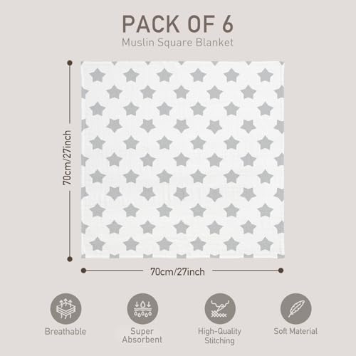 Image of GLLQUEN BABY Receiving Blanket Boy Cotton Muslin Swaddle Blankets Girl Newborn Squares Breathable & Soft Thin Baby Blankets Cloths Double Absorbent Infant Swaddling Wrap - 6 Pack (Star)