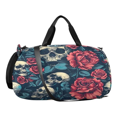 YETTASBIN Sport Travel Duffel Bag for Girls Boys, Skull Flower Large Waterproof Weekender Overnight Bag, Detachable Shoulder Strap Gym Bag with Shoe Compartment & Wet Pocket2