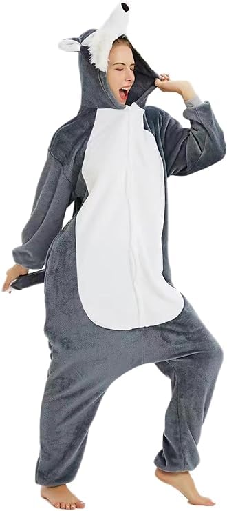 PENGMAI Unisexe Adulte Pyjama Combinaison Animaux Onesies Halloween Costume Animal Cosplay Le Loup Déguisement Loungewear