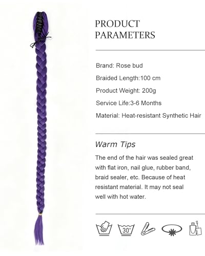 Image of Rose bud Purple Braid Ponytail Extension 40 Inch Long Braided Detachable Ponytail for Women Halloween Cosplay