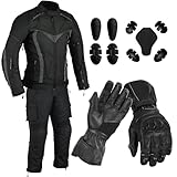 Men’s CE Armoured Waterproof Motorcycle Suit (Jacket & Pants) with Touchscreen Leather Riding Gloves | All-Weather Cordura Motorbike Gear Set, Windproof Protective Biker Suit (Black, Large)