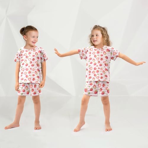 Vdsrup Strawberry Pink Stripes Summer Pajamas Set Short Cotton Sleepwear 2 Piece Unisex 5Y4