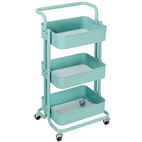 JAKAGO Carrito de 3 niveles con ruedas de metal, carrito de cocina, carrito de servir , 2 ruedas con cerradura y 3 cestas de almacenamiento de malla para el hogar y la oficina, verde azulado