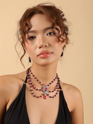 Sacina Layered Red Beaded Teardrop Choker, Gothic Vintage Necklace, Goth Jewelry, Christmas Jewelry Gift for Women3