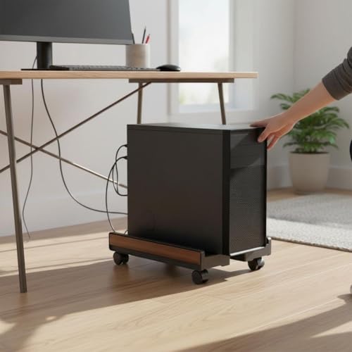 Soporte móvil para CPU bajo el escritorio, rack elevable ajustable con ruedas freno para hogar y oficina miniatura 6