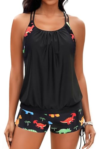 Image of Holipick Tankini Swimsuits Two Piece Tummy Control Bathing Suits Blouson Swim Tank Top with Boy Shorts