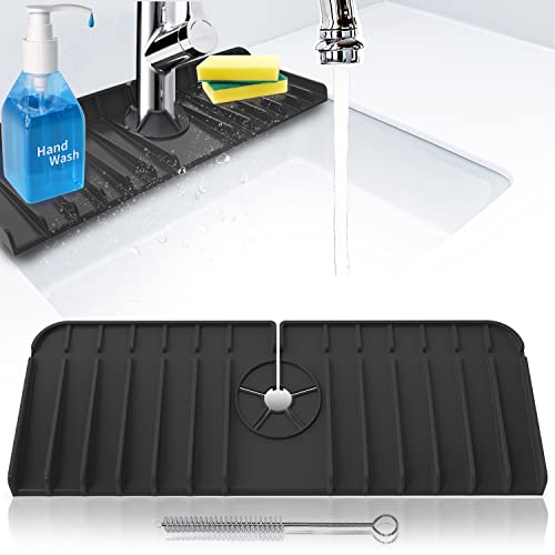Freefa UPGRADE VERSION Kitchen Sink Splash Guard, Silicone Faucet Handle Drip Catcher Tray, Faucet Absorbent Sink Protectors Mat for Kitchen Bathroom Sink Accessories (Black 1PC)