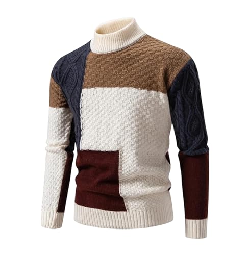 Men's Patchwork Knit Sweater Mock Neck Pullover Slim Fit Casual Vintage Style Fall Winter Streetwear